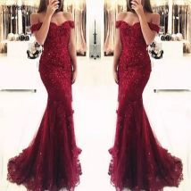 Maßgeschneiderte Vintage-Abendkleider, schulterfrei, Tüll, Spitze, appliziert, Meerjungfrau,