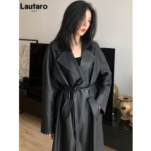 Lautaro-Langer schwarzer Leder-Trenchcoat für Damen, übergroße Schärpen, einzelner Knopf, locker