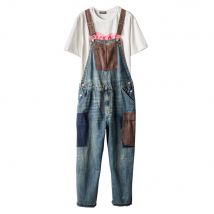 Männer Vintage Kontrast Farbe Denim Bib Overalls Casual Patchwork Patch Design Jeans Große Tasche