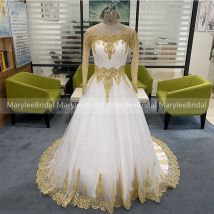 Lange Ärmel, weißes Hochzeitskleid mit goldenen Applikationen, transparente Haut, Netzstoff, Prinzessin, Ballkleid, glänzende Pailletten, Brautkleider, individuell gestaltet