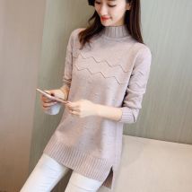 Koreanische Pullover stricken Pullover Frauen 2025, Neue Herbst winter Mid-länge Halb hohe kragen Lose Hemd Dicke Feste pullover Weibliche