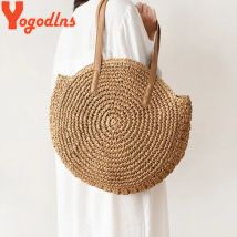 Yogodlns Neue Runde Stroh Taschen Frauen Sommer Rattan Tasche Einfache Stil Handarbeit Gewebt Strand Gestrickte Tasche Kreis Böhmen Handtasche Bali