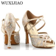WUXIJIAO holesale women's golden latin dance shoes new style dance shoes unique design salsa shoes diamond sandals