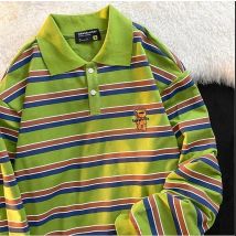 New High Quality England Style Cartoon Avocado Green Striped POLO Collar Sweatshirt Oversized Long Sleeve Tops Clothes for Teens