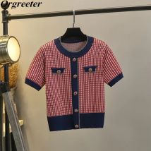 Women Summer New Brand Design O-neck Diamonds Button Lattice Knitted Pullover Tops Retro Hit color Short Sleeve Thin Sweater