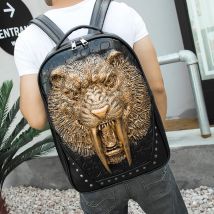 Geprägte Panther Kopf Besetzt Niet Männer Rucksack Frauen Leder Soft Reise Punk Rock Rucksack Laptop