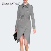 TWOTWINSTYLE Casual Unregelmäßigen Graben Für Frauen Revers Lange Hülse Hohe Taille Schärpen Vorder Split Khaki Windjacke Weibliche 2020 Neue