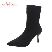 Aphixta 9cm 7cm 5cm Stretch Stoff Socken Stiefel Frauen Schwarz Schuhe Elegante Spitz Stricken Elastischen Knöchel stiefel für Frauen