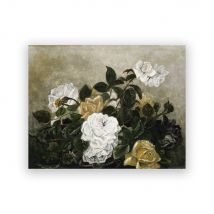 Flower Still Life Oil Painting Canvas Prints Yellow White Roses Green Leaves Vintage Poster Gallery Wall Art Pictures Home Decor