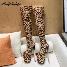 Crossdresser Leopard Print Motorrad Botas Mujer Overknee Lange Stiefel Plattform Schuhe Frau 20 cm