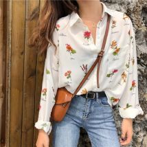 Vintage Floral Print Loose Casual Off White Blouse Women Long Sleeve Female Top Office Ladies Chiffon Blouses Shirts 2025