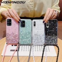 Etui z przezroczystym brokatem i paskiem na szyję do Samsung Galaxy S20 S21 FE S23 S22 S24 Ultra A54 A53 5G A52 Etui z smyczą Fundas