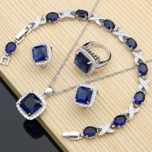 Set di gioielli in argento 925 Costume di zaffiro blu quadrato per orecchini a cerchio da donna Set di collana con bracciale Dropshipping
