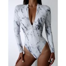 Sommer Print Reißverschluss Einteiliger Badeanzug Geschlossene Langarm Badebekleidung Sport Surfen Damen Schwimmen Badeanzug Strand Badende
