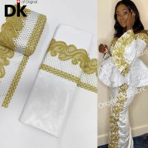 5+5 Yards White And Gold African Lace Fabric 2025 High Quality Lace Ribbon For Crafts With Basin Riche  Nigeria Dresses