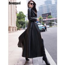 Nerazzurri Maxi fit and flare leather trench coat for women 2021 spring Long luxury designer clothing women long sleeve lapel
