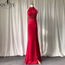 Neckholder Rotes Abendkleid Meerjungfrau Langes Abendkleid Perlenkristall Elegantes rotes Partykleid