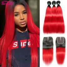 Ombre Rote Brasilianische Remy Gerade Menschliches Haar Bundles Mit Verschluss 10-28Inch Lange