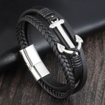 Punk Edelstahl Anker Armbänder Echtes Leder Armband & Armreifen für Männer Schmuck Schwarz Farbe Mode Geschenk
