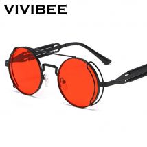 VIVIBEE Steampunk Sonnenbrille für Herren Runde Rote Gläser Punk Sonnenbrille Schwarzes Metall Gothic-Stil 2026 Neue Produkte Damen UV400 Schutz