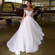 LORIE A-Line Bohemian Wedding Dress Charming Lace Applique Beading O-neck Organza With Tulle Long Sleeve Beach Bridal Gown 2026