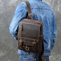 Luufan Crazy Horse Leder Herren Brusttasche Einzelner Schulterrucksack 2-Nutzung Vintage Rindsleder Herren Reiserucksack Tagesrucksack Braun