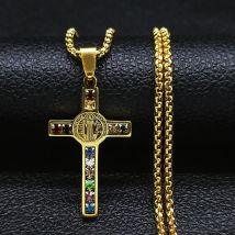 Collana cattolica con croce di Gesù in acciaio inossidabile Collana con ciondolo in cristallo di San Benedetto Vergine Maria Crocifisso Collane maschili Gioielli cruz