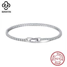 Rinntin Luxury Real 925 Sterling Silver Tennis Bracelet Women with AAAA Zircon Female Bangle Party Wedding Jewelry Gifts SB91