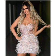 Hohe Qualität Promi Mode Rosa Feder Bodycon Nette Liebsten Kleid Abend Party Kleid Vestidos