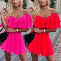 BKLD Damenkleider Party Nachtclub Sommer 2026 Neu Sexy Rüschen Off-Shoulder V-Ausschnitt A-Linie Minikleid Einfarbiges Neon-Kleid