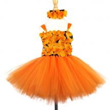 Girls Orange Flower Petals Tutu Dress Kids Black Crochet Ballet Tulle Dress with Headband Children Halloween Party Costume Dress
