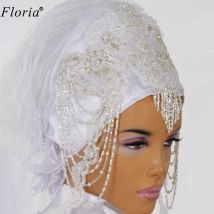 2020 muslimischen Spitze Perlen Hochzeit Schleier Weiß/Elfenbein Braut Schleier Arabisch Lange Hochzeit Zubehör Arabisch Velo De Novia
