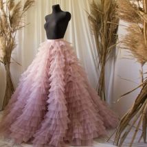 Real Image Tiered Ruched Long Bridal Tulle Skirts Ball Gown Sweet Bean Paste High Waist Women Custom Tutu Skirt Faldas Saia Jupe