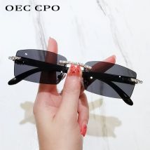 OEC CPO Rimless Diamond Sunglasses Women Vintage Rectangle Sun Glasses Female Shades Rhinestone Square Eyewear Gradient Colors