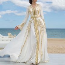 White Chiffon Luxury Evening Dresses Golden Lace Appliques Moroccan Kaftan Dubai Mother Dress Arabic Muslim Special Occasion