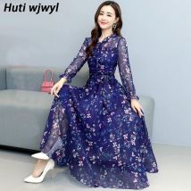 2024 Herbst Winter Blumen Chiffon Vintage Midi Kleid lässig Boho Strand Maxi kleid Frauen Bodycon Party schwarz Abend Abschluss ball Vestido
