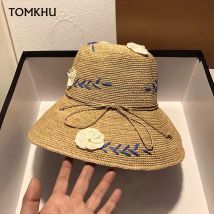 Mode Bast Stroh Hut Weibliche Sommer Stickerei Blumen Literarischen Reise Urlaub Am Meer Strand Hut Sonnenschutz Große Rand Kappe