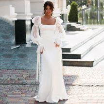 Elegante Satin Meerjungfrau Hochzeit Kleid Lange Puff Sleeve Sexy Strand Platz Kragen Brautkleider