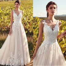 Maßgeschneiderte klassische Brautkleider mit V-Ausschnitt, Champagner, A-Linie, Applikationen, bodenlang, Vestidos De Noiva 2021, Brautkleider, günstig