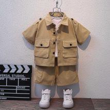 Sommer Kinder 2026 Sommer Neue Jungen Anzug Kind Tasten Hemd Cargo-Shorts Multi-tasche Workwear Anzug Kurzarm Shorts baumwolle Set