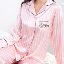2-teiliges Pyjama-Set mit personalisiertem Namen, Damen-Nachtwäsche, Kunstseide, Satin, langärmelig, Nachtwäsche, Pyjama-Anzug, weibliche Homewear