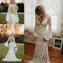 Vintage Western Country Brautkleider mit langen Ärmeln 2026 Retro Langarm rückenfreies V-Ausschnitt böhmisches rustikales Brautkleid