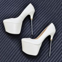 LAIGZEM Frauen Pumpt Echtes LEDER Metall High Heels Sandalen Runde Kappe Cosplay Club Party Hochzeit