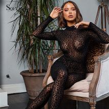 Transparent Leopord Muster Lange Hülse einteiliges Overall Frauen Sexy Rollkragen Zurück Zip Hohe Taille Hose Körper Anzug Clubwear