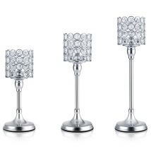 Silver Crystal Cylinder Candle Holders, Pillar Candlestick Holders for Living Room, Wedding, Dining Table, Centerpieces, 1PCS