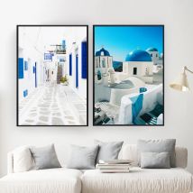 Immagine di arte della parete Moderna Grecia nordica Bella vista blu del mare Paesaggio Poster Pittura su tela nordica per soggiorno Decorazioni per la casa