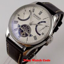 43mm PARNIS Automatische männer Schwungrad Uhr ST2505 bewegung White dial Power Reserve SCHWARZ