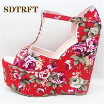 SDTRFT Stiletto Damen 15 cm Keile Sandalen Plateauschuhe Frau Zapatos Mujer Blumen T-Riemen Pumps Kleine Yards: 30,31,32,33-43