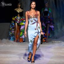 VC Sling Kleid Sexy Starfish-Muster Diamant Design Split Gabel Ärmellose Square Neck Strap Satin