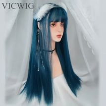 VICWIG Perücken für Frauen Synthetische Haar Dark Blue Lange Gerade Cosplay Perücke mit Pony Wärme-beständig